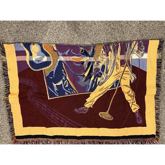 Elvis Tapestry blanket, woven throw, fringe edges, guitar,music notes 46" x 66" - Picture 5 of 5